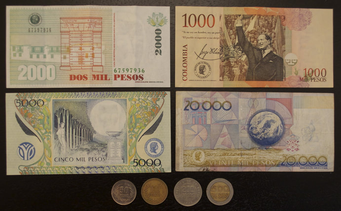 Colombia Peso currency bills coins
