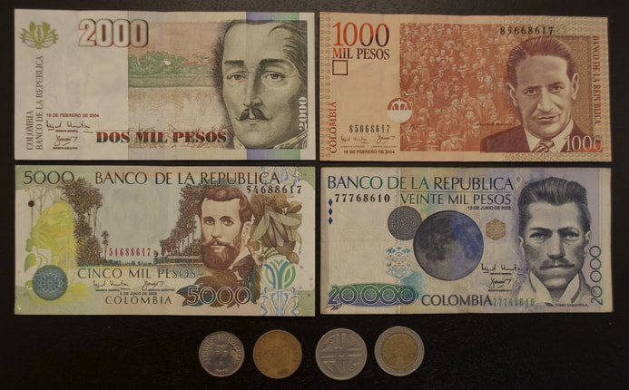 Colombia Peso currency bills coins