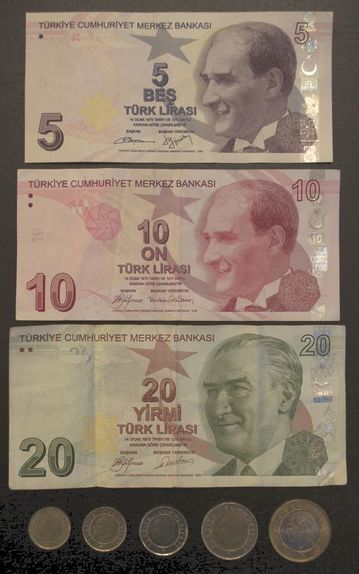 Turkish Lira currency bills coins